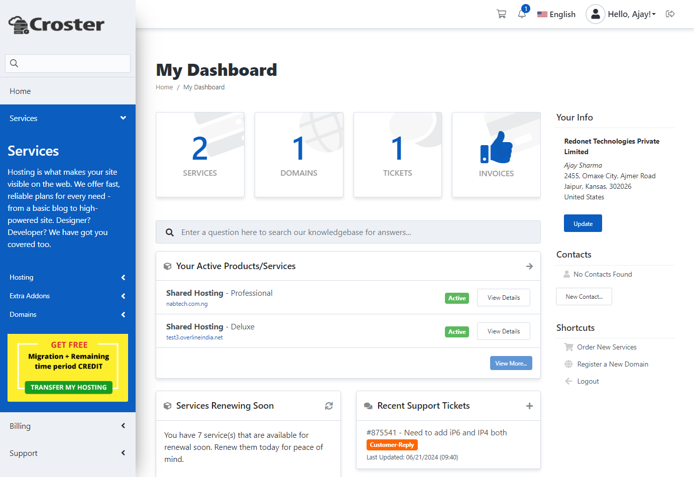 Croster WHMCS Theme - Default side menu